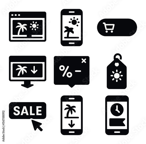 Summer Sale Icons. Solid, filled icons set of online summer sales: website banner, mobile ad, buy now button,
