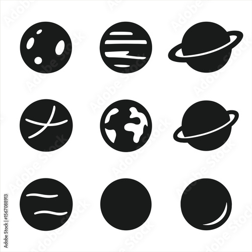 Planet Icons Grid. Solid, filled icon set of planets in the night sky: Mars, Jupiter, Saturn, Venus, Earth, Uranus, Neptune,