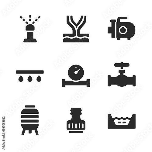 Irrigation System Icons. Solid, filled icon set of irrigation systems: sprinkler head, canal fork, water pump, drip line, flow