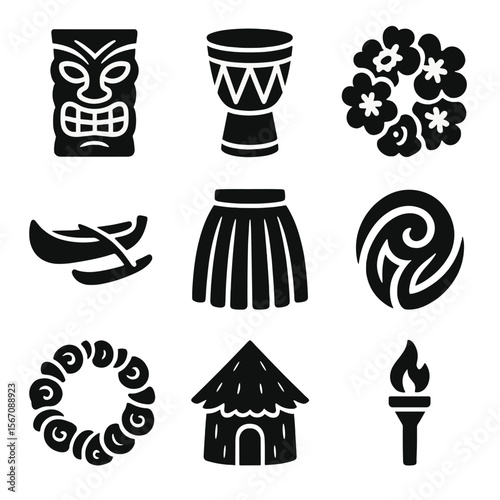 Island Culture Icons. Solid, filled icon set of island culture symbols: tiki mask, tropical drum, floral lei, native canoe, grass