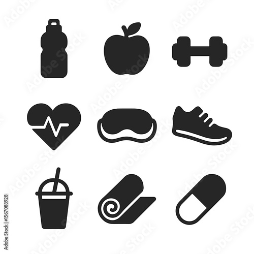 Minimalist Wellness Icons. Solid, filled icon set of Minimalist wellness: water bottle, apple, dumbbell, heart pulse, sleep mask,