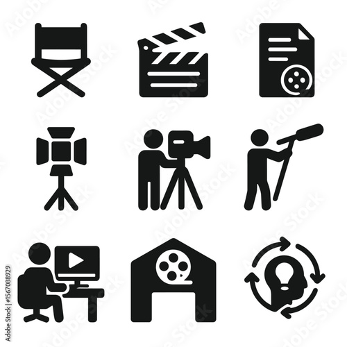 Film Production Icons. Solid, filled icons set of behind-the-scenes film production: director chair, film