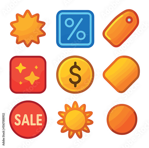 Summer Sale Icons. Solid, filled icons set of bright summer sales: bright label, neon discount, glowing tag,