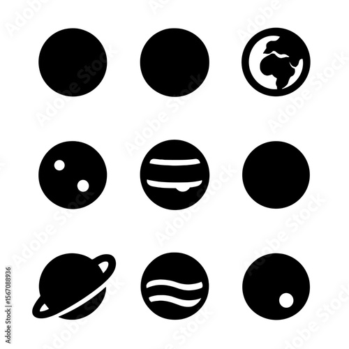 Planet Icon Set. Solid, filled icon set of The Planets: Mercury, Venus, Earth, Mars, Jupiter, Saturn, Uranus, Neptune, Pluto.