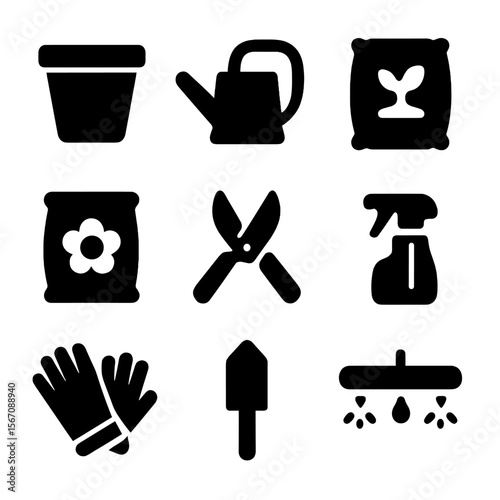 Plant Care Icons. Solid, filled icon set of plant care accessories: plant pot, watering can, soil bag, fertilizer bag, pruning