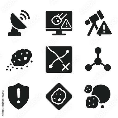 Planetary Defense Icons. Solid, filled icon set of planetary defense and monitoring: radar system, impact warning, telescope alert