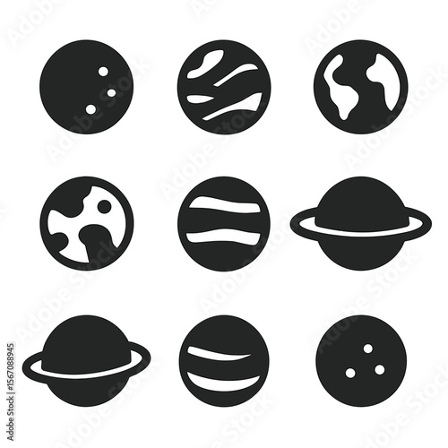 Planet Icon Set. Solid, filled icon set of The Planets: Mercury, Venus, Earth, Mars, Jupiter, Saturn, Uranus, Neptune, Pluto.