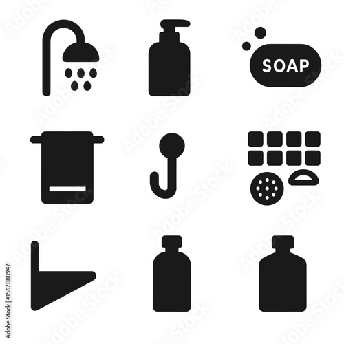 Minimalist Shower Icons. Solid, filled icon set of minimalist shower setup: compact shower head, single shampoo, bar soap, slim