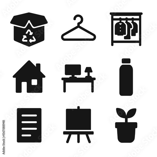Minimalist Lifestyle Icons. Solid, filled icon set of minimalist lifestyle: declutter box, single hanger, capsule wardrobe, simple
