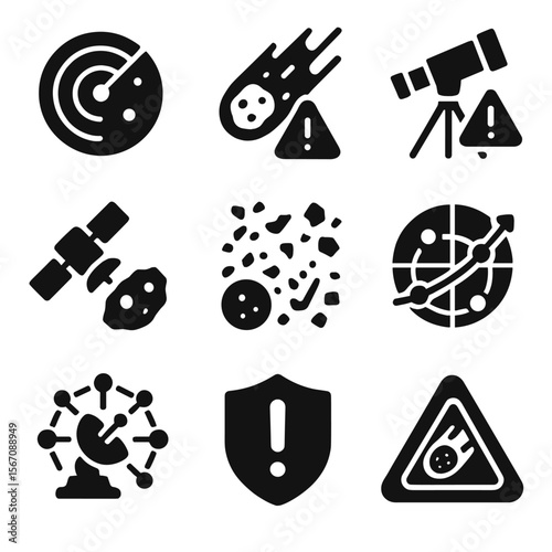 Planetary Defense Icons. Solid, filled icon set of planetary defense and monitoring: radar system, impact warning, telescope alert