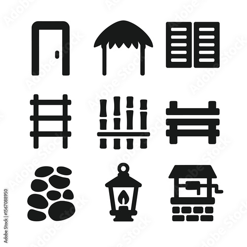 Island Hut Icon Set. Solid, filled icon set of island hut architecture: wooden door, palm thatching, window shutters, rope ladder,