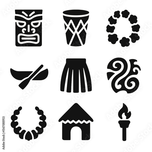 Island Culture Icons. Solid, filled icon set of island culture symbols: tiki mask, tropical drum, floral lei, native canoe, grass
