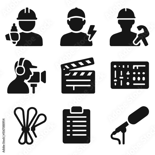 Film Crew Icons. Solid, filled icons set of film crew roles and equipment: gaffer, best boy, key grip,