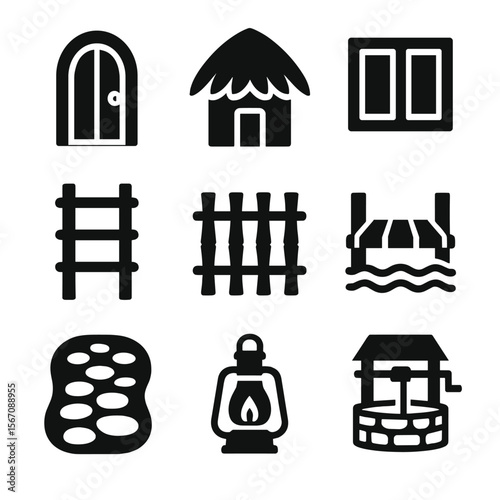 Island Hut Icon Set. Solid, filled icon set of island hut architecture: wooden door, palm thatching, window shutters, rope ladder,