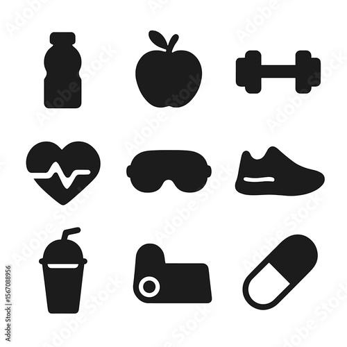 Minimalist Wellness Icons. Solid, filled icon set of Minimalist wellness: water bottle, apple, dumbbell, heart pulse, sleep mask,