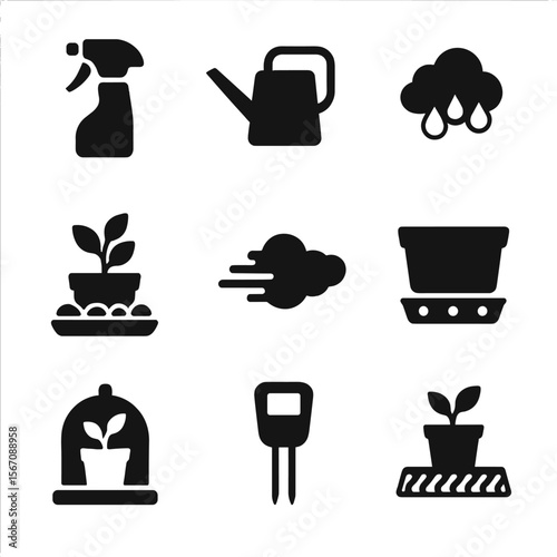 Plant Care Icon Set. Solid, filled icon set of plant watering and humidity techniques: spray bottle, watering can, pebble tray,