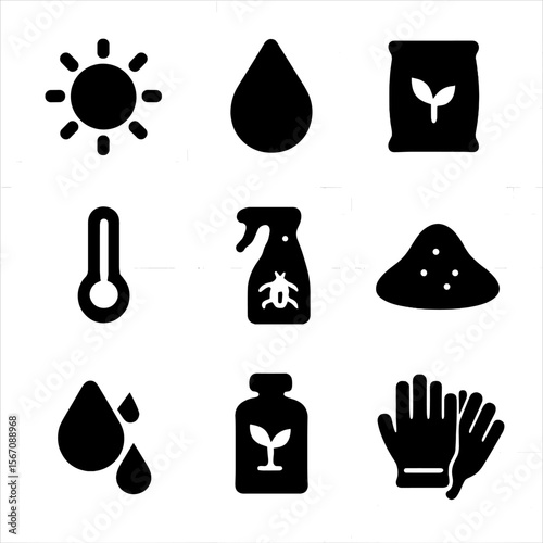 Plant Care Icons. Solid, filled icon set of plant care: sunlight, water droplet, fertilizer, thermometer, insect spray, soil,