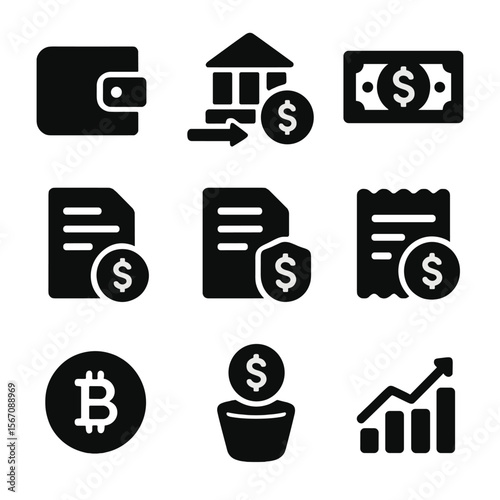 Financial Icons Grid. Solid, filled icons set of income and payment methods: digital wallet, bank transfer,