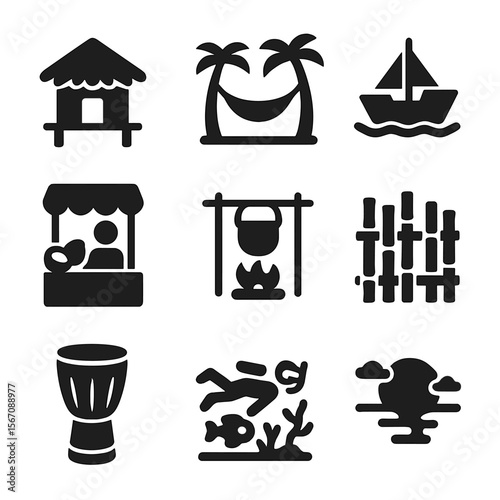 Island Lifestyle Icons. Solid, filled icon set of island lifestyle: beach hut, hammock, fishing boat, coconut vendor, open fire