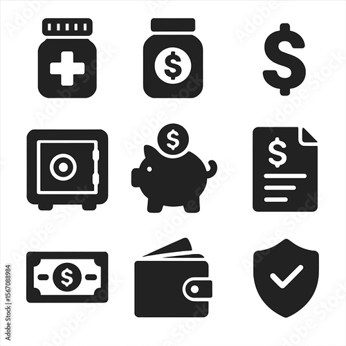 Financial Icons Grid. Solid, filled icons set of saving and emergency funds: emergency jar, savings icon,