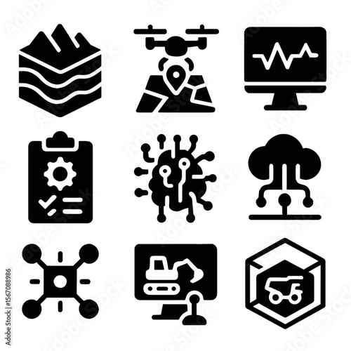Mining Data Icons. Solid, filled icon set of Mining data and software tools: geological modeling, drone mapping, real-time