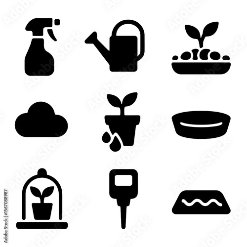 Plant Care Icon Set. Solid, filled icon set of plant watering and humidity techniques: spray bottle, watering can, pebble tray,