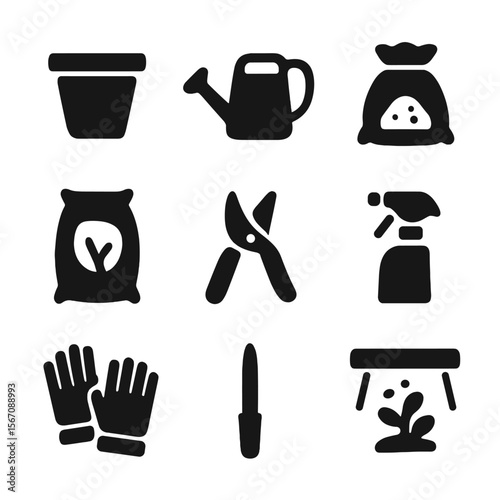 Plant Care Icons. Solid, filled icon set of plant care accessories: plant pot, watering can, soil bag, fertilizer bag, pruning