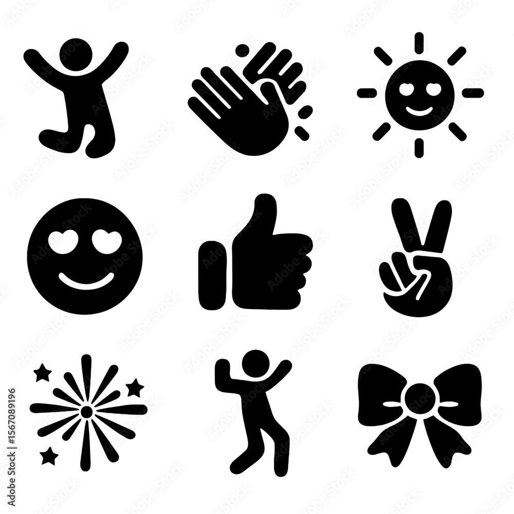 Fototapeta premium Joyful Activities Icons. Solid, filled icon set of joyful activities: jumping person, clapping hands, heart eyes, smiling sun,