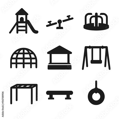 Playground Equipment Icons. Solid, filled icon set of playground equipment: slide, seesaw, merry-go-round, climbing frame, sandbox