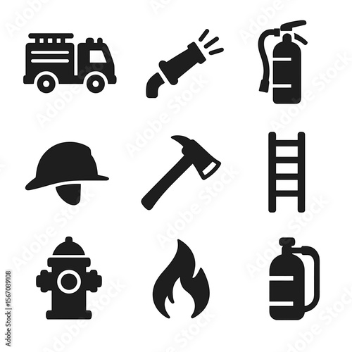 Firefighting Rescue Icons. Solid, filled icons set of firefighting rescue missions: firetruck, hose nozzle,