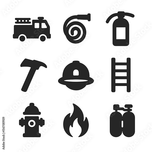 Firefighting Rescue Icons. Solid, filled icons set of firefighting rescue missions: firetruck, hose nozzle,