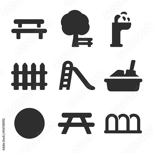 Playground Icon Set. Solid, filled icon set of hopscotch playground items: bench, tree shade, water fountain, playground fence,