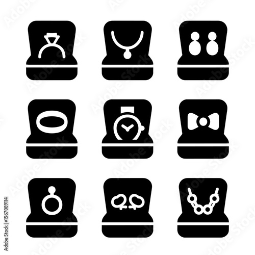 Jewelry Icons Grid. Solid, filled icon set of jewelry types stored in wooden boxes: rings, necklaces, earrings, bracelets, watches