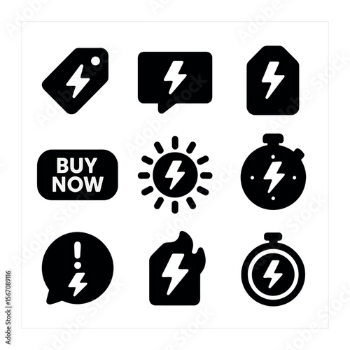 Flash Sale Icons. Solid, filled icons set of flash discount offers: bold font tag, popup label, tag icon, buy
