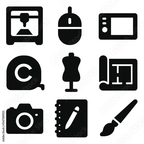 Modeling Tools Icons. Solid, filled icon set of modeling tools: 3D printer, computer mouse, drawing tablet, measuring tape, camera