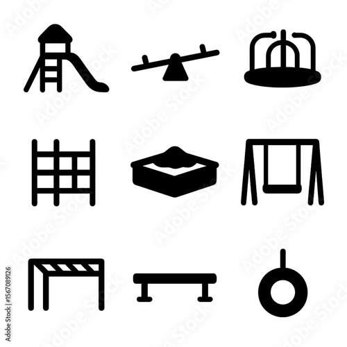 Playground Equipment Icons. Solid, filled icon set of playground equipment: slide, seesaw, merry-go-round, climbing frame, sandbox