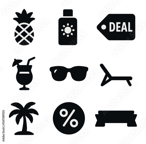 Tropical Product Icon Set. Solid, filled icons set of tropical product sales: pineapple icon, sun lotion, deal