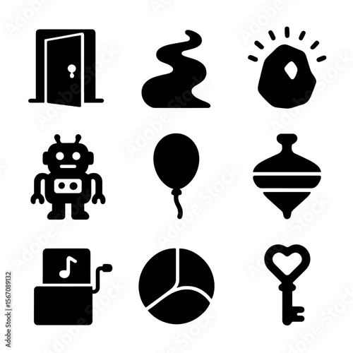 Playful Discovery Icons. Solid, filled icon set of playful discovery: hidden door, secret path, glowing rock, toy robot, floating