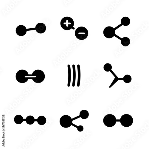 Molecular Bonds Icon Set. Solid, filled icon set of molecular bonds: covalent bond, ionic bond, hydrogen bond, double bond, triple