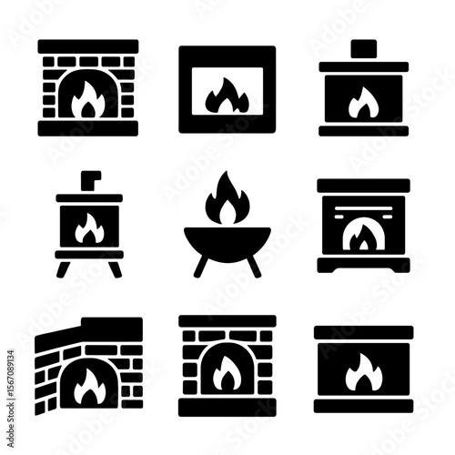 Fireplace Icons Collection. Solid, filled icons set of types of fireplaces: traditional brick, modern gas,