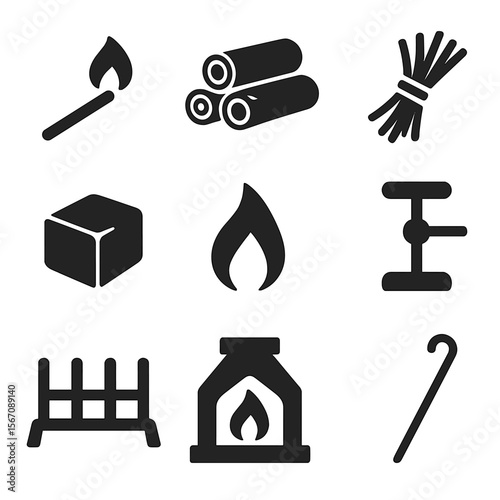 Fireplace Icons Grid. Solid, filled icons set of lighting the fireplace: matchstick, firewood stack, kindling