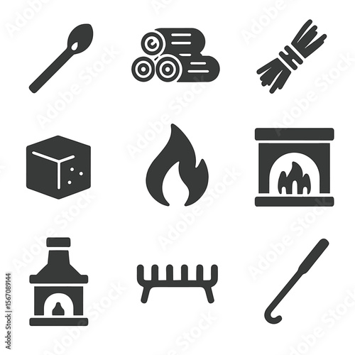 Fireplace Icons Grid. Solid, filled icons set of lighting the fireplace: matchstick, firewood stack, kindling
