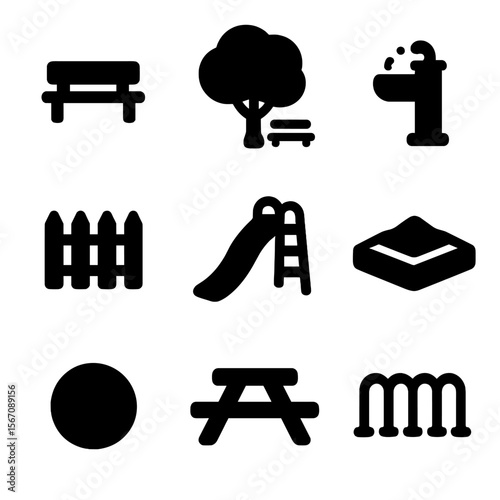Playground Icon Set. Solid, filled icon set of hopscotch playground items: bench, tree shade, water fountain, playground fence,