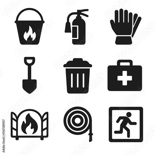 Fire Safety Icons. Solid, filled icons set of fire safety tools: water bucket, fire extinguisher, safety