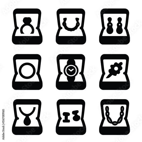 Jewelry Icons Grid. Solid, filled icon set of jewelry types stored in wooden boxes: rings, necklaces, earrings, bracelets, watches