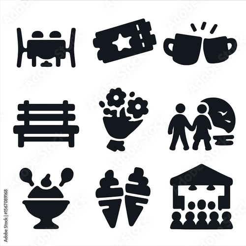 First Date Icons. Solid, filled icons set of first date activities: dinner table for two, movie ticket, coffee