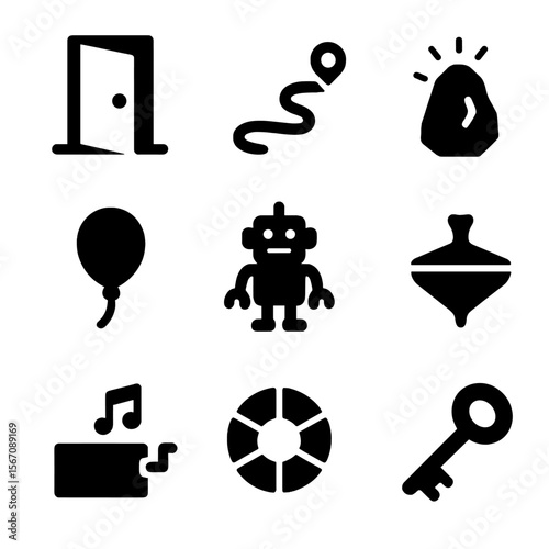 Playful Discovery Icons. Solid, filled icon set of playful discovery: hidden door, secret path, glowing rock, toy robot, floating