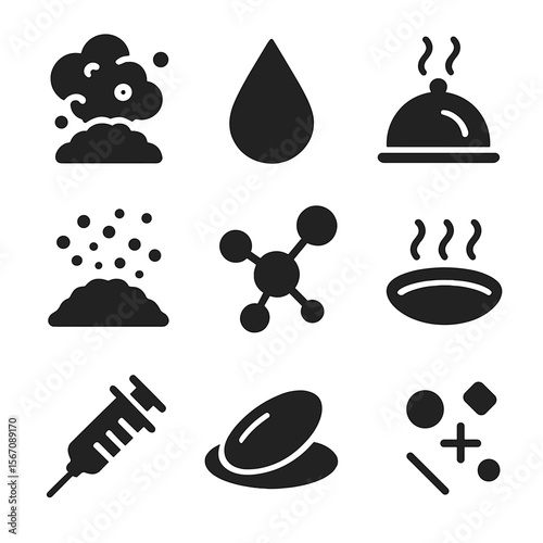 Modernist Cuisine Icons. Solid, filled icon set of modernist cuisine elements: food foam, gel drop, smoked dome, edible soil,