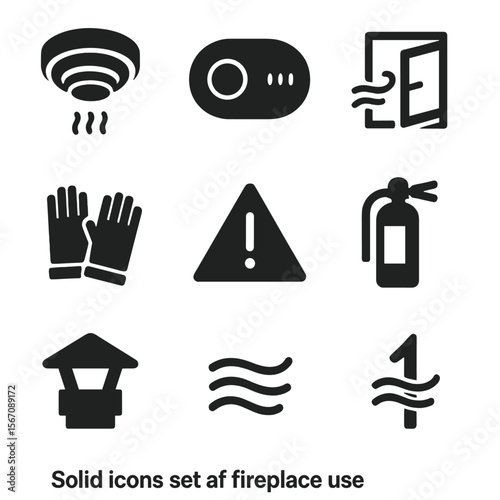 Fireplace Safety Icons. Solid, filled icons set of safety and ventilation for fireplace use: smoke detector,