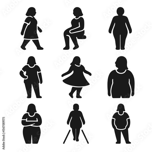 Plus-Size Fashion Icons. Solid, filled icon set of plus-size fashion poses and models: walking model, sitting pose, full body